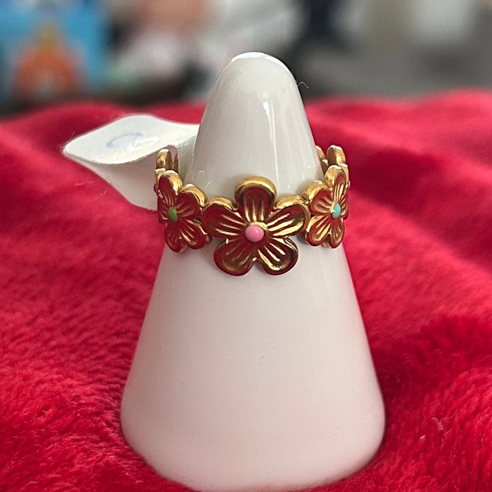 Oshena designer beachwear Gold Floral Ring with Pink‎ and Green Accents size 8